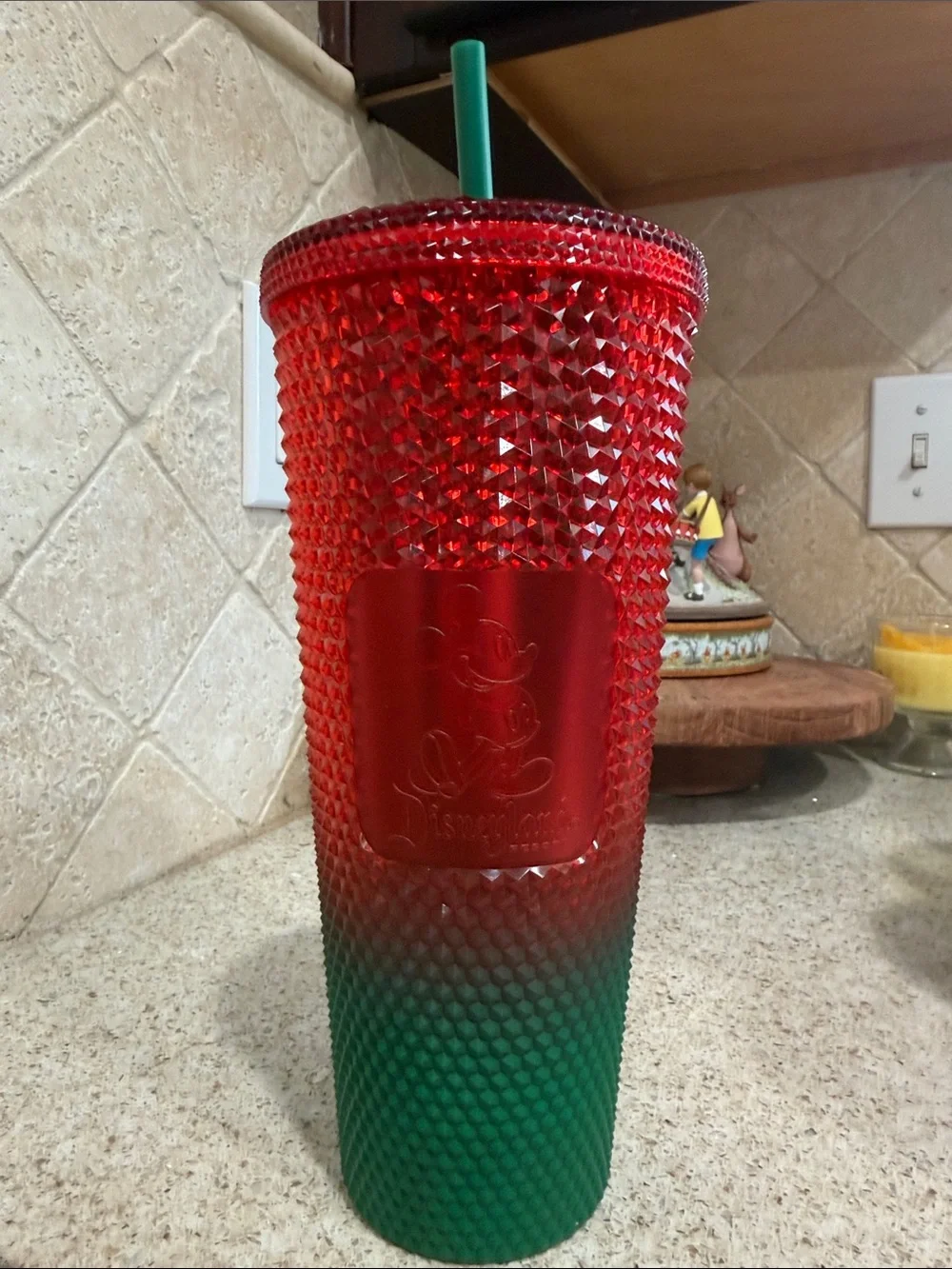 Disneyland Starbucks Red and Green Studded Ombre Cold Cup with Straw